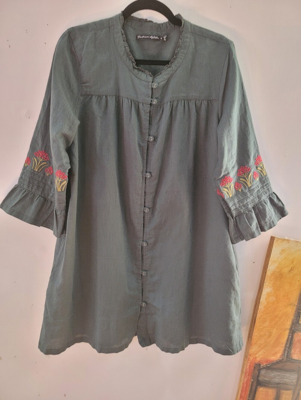 Gudrun Sjoden M Kiruna Linen Cotton Button-Front Tunic Floral Embroidery - Picture 2 of 11